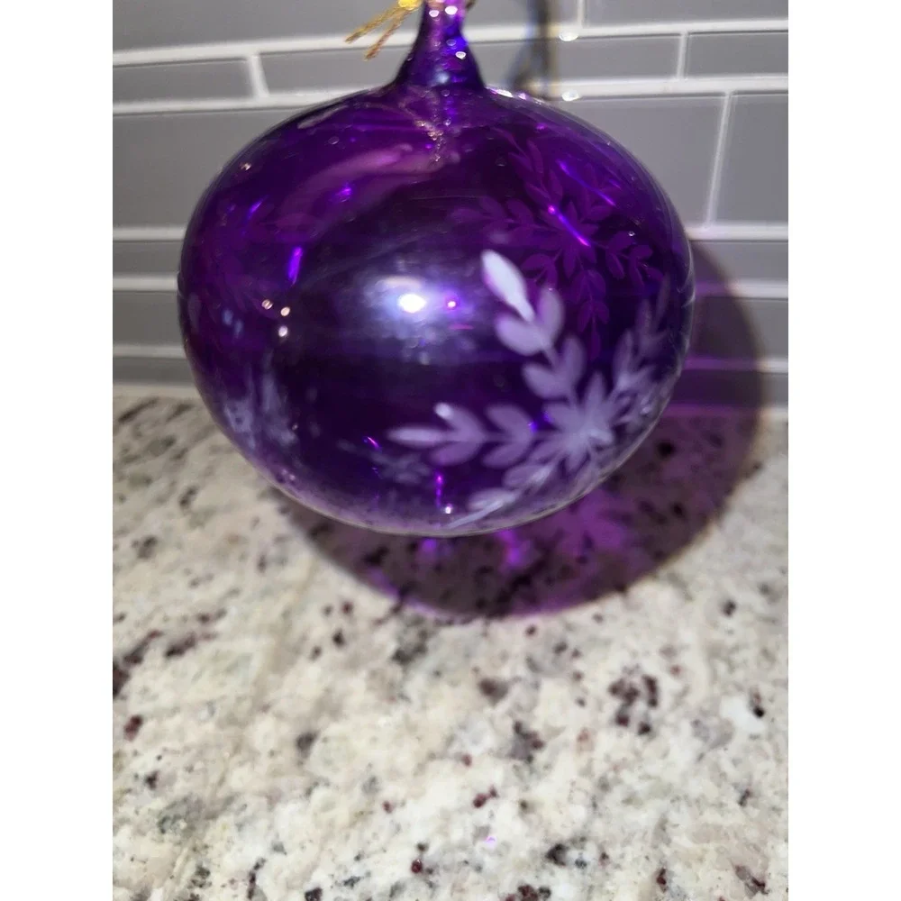 Hand Blown Purple Etched‎ Art Glass Ornament Snowflake Teardrop Christmas Decor
